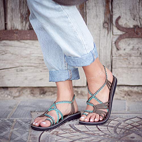 Plaka Palm Leaf Flat Summer Sandals for Women | Perfect for The Beach Walking & Dressy Occasions | Turquoise Gray | Size 10 - Image 5