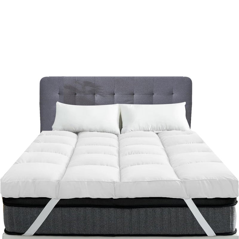 Linens World Mattress Topper Kingsize Bed 10CM Extra Thick King Mattress Topper  1000GSM Filling Fiber  Luxurious Comfort Hypoallergenic Elastic Straps Deep Pocket Thick King Size