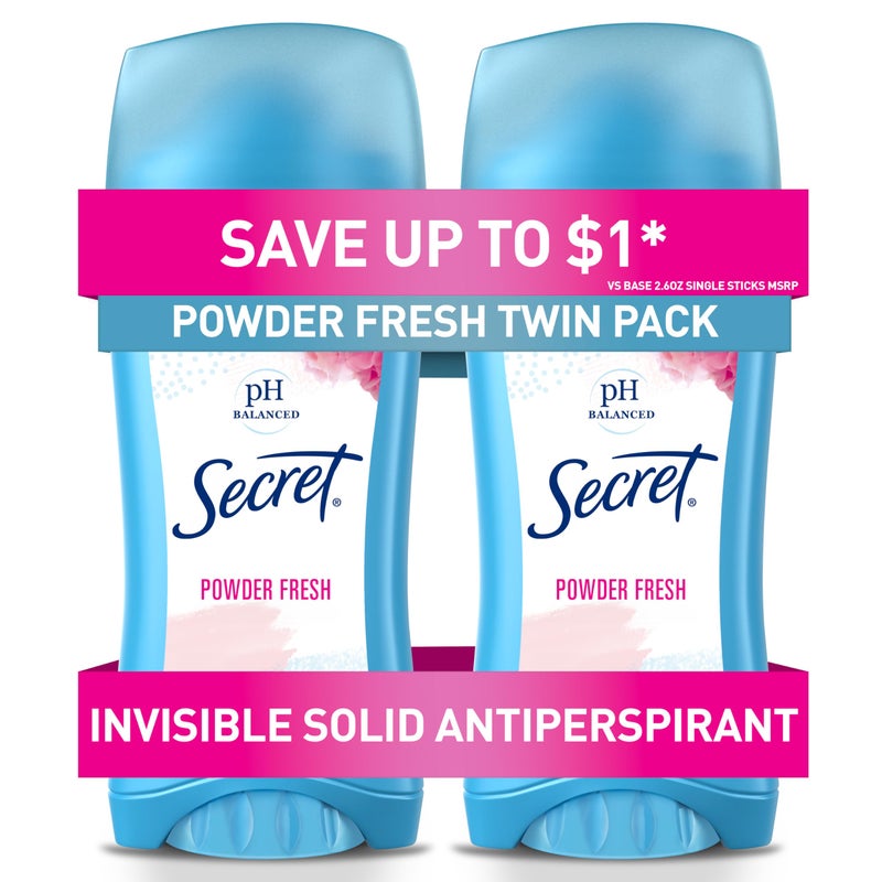 Secret Antiperspirant and Deodorant for Women, 24hr Sweat & Odor Protection, PH Balanced Protection, Gentle on Skin, Invisible Solid, Powder Fresh Scent, 2.6 oz (Pack of 2) - Image 1