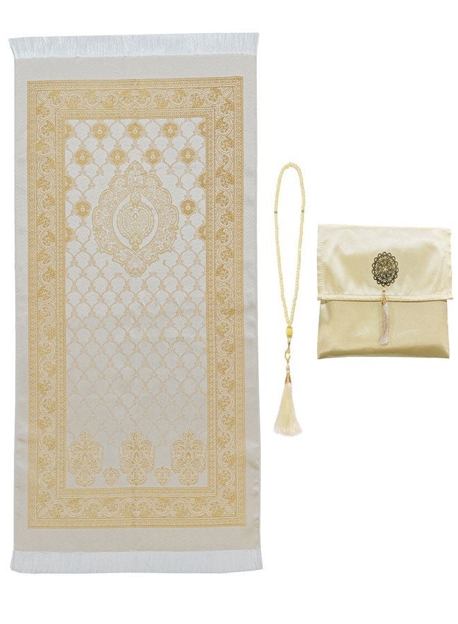 MUSLIM PRAYER RUG AND BEADS WITH ELEGANT SLUB FABRIC BAG, THIN LIGHTWEIGHT POLYESTER PRAYER MAT, RAMADAN PRAYER BLANKET, FOR GIFTS, RAMADAN, PRAYER 70X110CM YELLOW