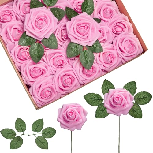 InnoGear Artificial Flowers, 50 Pcs Pink Foam Fake Roses Bulk with Stems for Decoration DIY Wedding Bouquets Centerpieces Bridal Shower Party Valentines Christmas Tree - Image 1