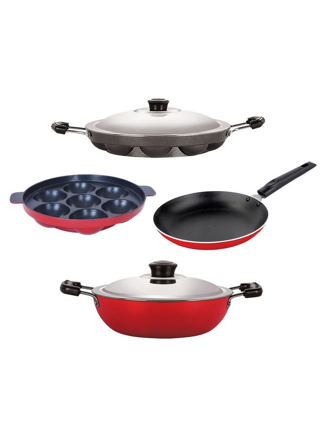 Nirlon Aluminium Cookware Set, 4-Pieces, Red and Black, DKDB_TP_AP7_AP12