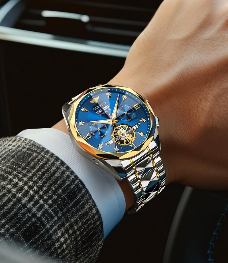 OUPINKE Automatic Watch for Men Self Winding Skeleton Mechanical Luxury Tungsten Steel Bracelet Waterproof Date Day Wrist Watches - Image 3