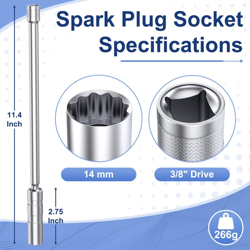 ecocstm 14mm Spark Plug Socket, Thin Wall 3/8" Drive Spark Plug Socket Removal Tool, 12 Point x 11.4" Total Length, 360 Degree Magnetic Swivel Spark Plugs Socket for Most Car Models - Image 2