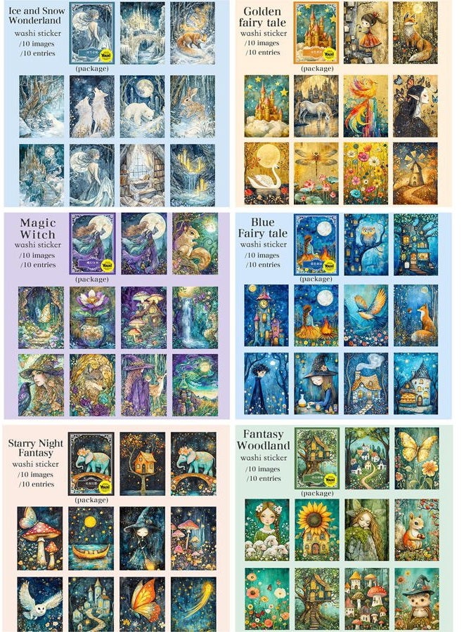 Aromoty Large 6 Sets 60 Pcs Washi Stickers Book Kit for Journaling, Vintage Aesthetic Fairy Forest Magic Scrapbook Stickers for Scrapbooking Bullet Junk Journal Supplies Planner Stationery Collage Craft Gifts - Image 3
