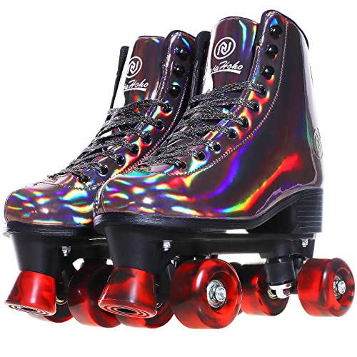 JajaHoho Roller Skates for Women and Men Holographic High Top Classic Rollerskates Shiny DoubleRow Four Wheels Quad Skates for Girls Age 850 Indoor Outdoor Size 6 Golden Black