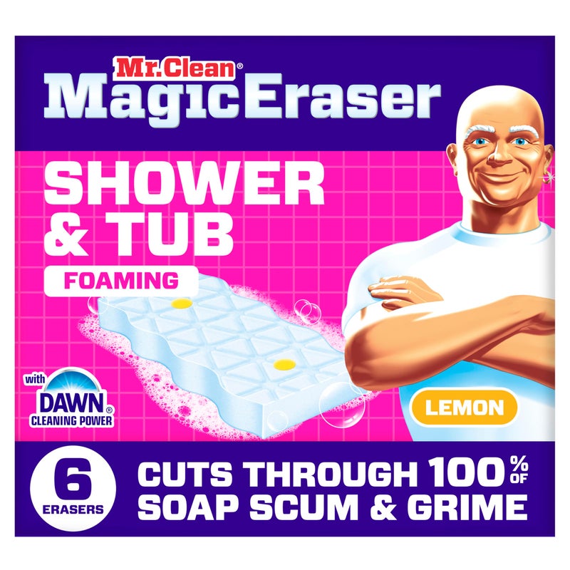 Mr Clean Mr. Clean Magic Eraser Sponge, Bathroom, Shower, Tub Cleaner, Soap Scum Remover, Bathroom Cleaning Supplies, Dawn Cleaning Power with Lemon Scent, Shower & Tub, 6ct - Image 1