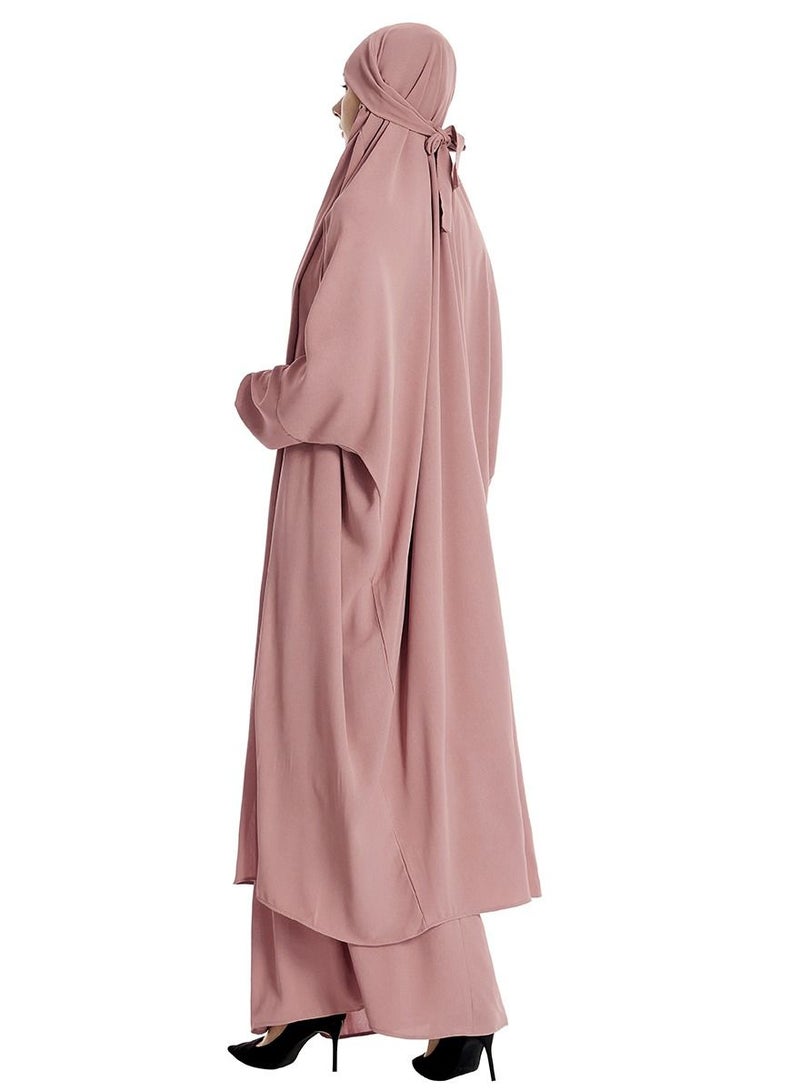 إسكدنيا Women's 2-Piece Solid Color Abaya Set Batwing Sleeve Abaya Thobe Robe And Half Skirt Suit Dusty Pink  - Image 2