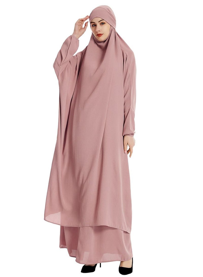 إسكدنيا Women's 2-Piece Solid Color Abaya Set Batwing Sleeve Abaya Thobe Robe And Half Skirt Suit Dusty Pink  - Image 1