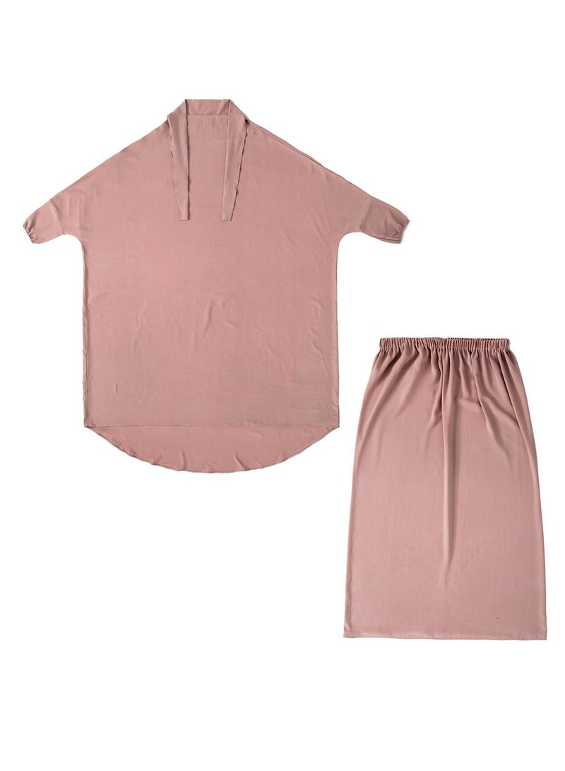 إسكدنيا Women's 2-Piece Solid Color Abaya Set Batwing Sleeve Abaya Thobe Robe And Half Skirt Suit Dusty Pink  - Image 3