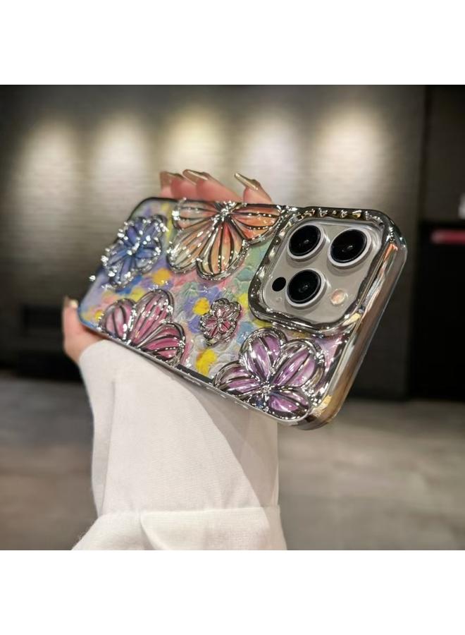 جراب هاتف TPU مطلي بالكهرباء بتصميم زهور ثلاثية الأبعاد لهاتف iPhone 15 Pro (فضي)