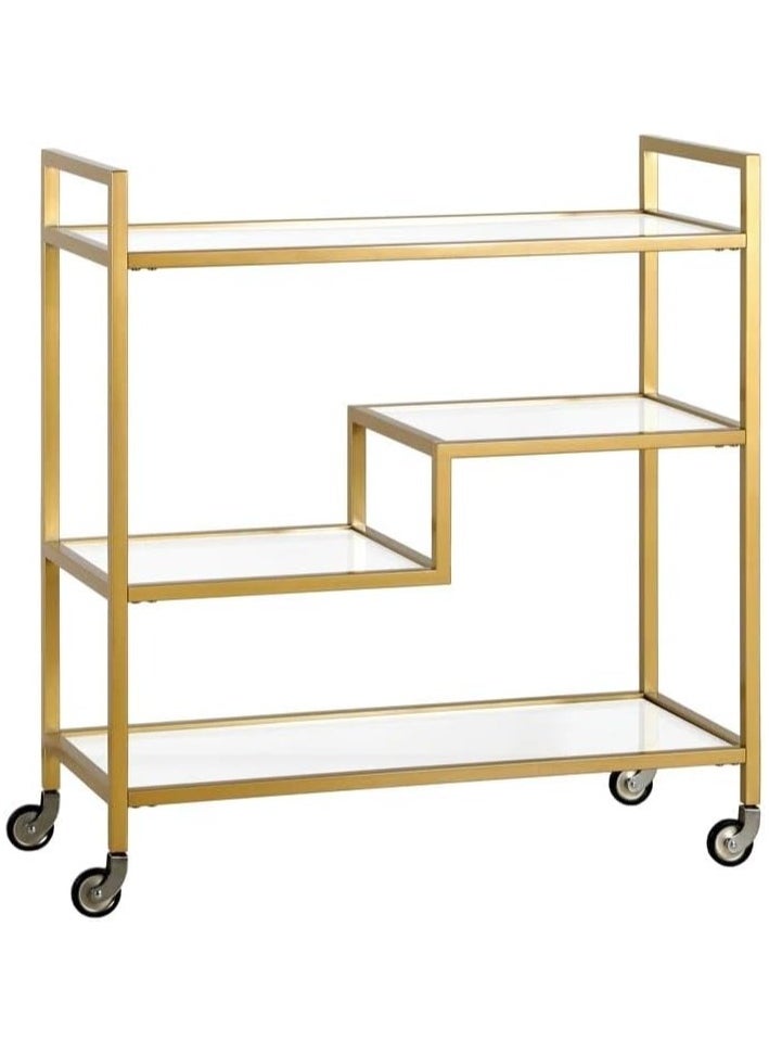LINGWEI Metal Serving Cart Trolly with Glass Shelves Gold 80x90x40cm  - Image 1