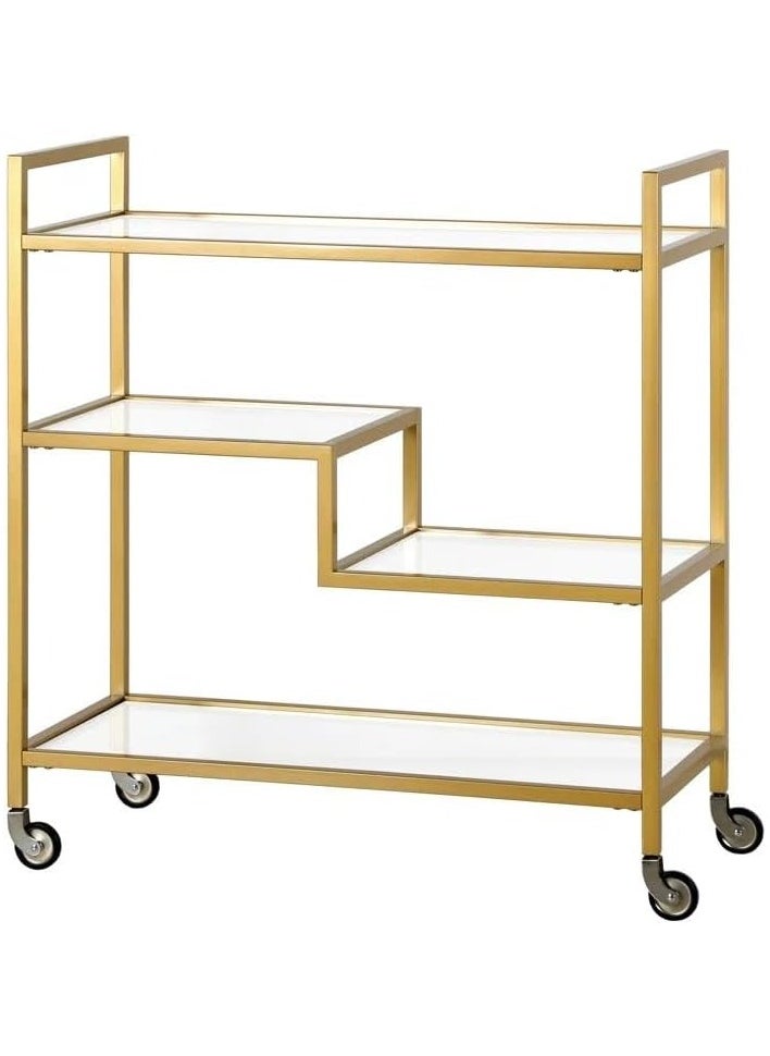 LINGWEI Metal Serving Cart Trolly with Glass Shelves Gold 80x90x40cm  - Image 2