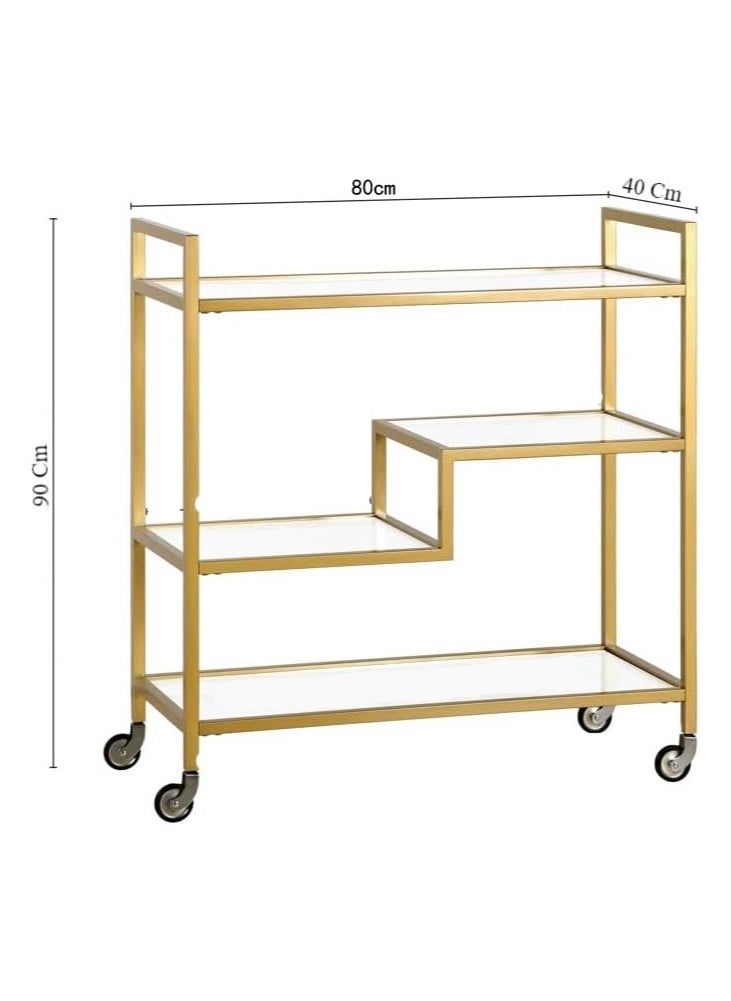 LINGWEI Metal Serving Cart Trolly with Glass Shelves Gold 80x90x40cm  - Image 3