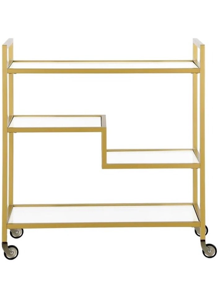 LINGWEI Metal Serving Cart Trolly with Glass Shelves Gold 80x90x40cm  - Image 4