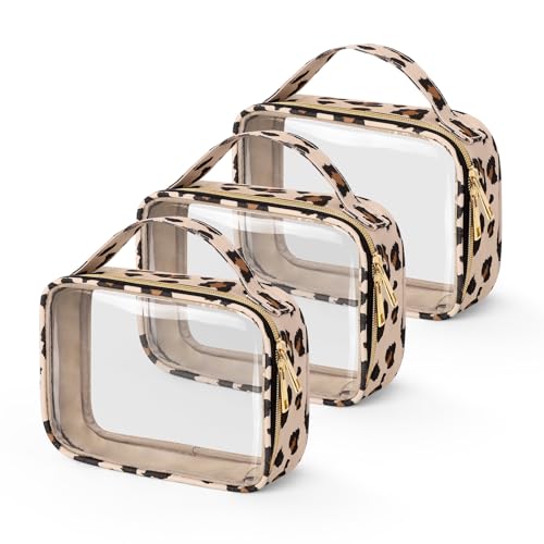 Wedama TSA Approved Toiletry Bag, 3 Pack Clear Makeup Bags with Handles, Quart Size PVC Clear Cosmetic Bags for Women and Men, Carry on Airport Airline Compliant Bag, Leopard Print - Image 1