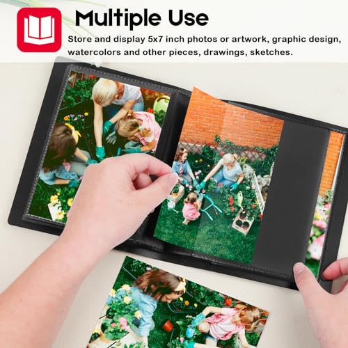 Aevdor 5x7 Photo Album Holds 64 Photos Black Inner Pages with Strong Elastic Band, Small Photo Album 5x7, Mini Picture Book for 5 x 7 Artwork, Pictures, Kids Art Storage, Postcards, Drawings (Black) - Image 2