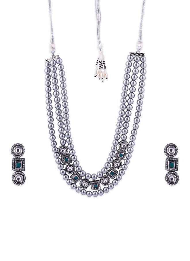 Binnis Wardrobe Silver-Toned & Green Three Layered Jewellery Set - Image 4