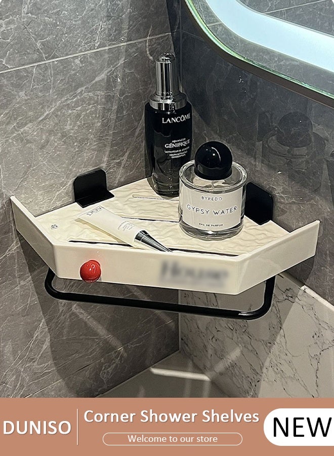 DUNISO رفوف دش الزاوية، حاملة دش زاوية بدون حفر ذات لاصق ذاتي للتثبيت على الحائط، رف مثلث للحمام مع قضيب تعليق للحمام والمطبخ - Image 1