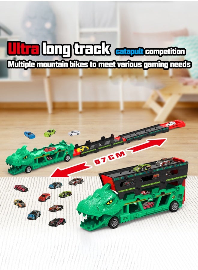 Dinosaur Truck Toys,Dinosaur Transporter Car Carrier with Foldable Sliding,Child dinosaur devours rail car,City Dinosaur Ultimate Hauler Track Toy Transforms into Dino,  a track dinosaur transport vehicle,6 alloy cars, toys, die-casting racing cars,Toy gifts for boys and girls aged three and above, the best gift for children during Ramadan ﻿  - Image 4