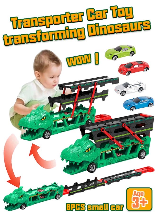 Dinosaur Truck Toys,Dinosaur Transporter Car Carrier with Foldable Sliding,Child dinosaur devours rail car,City Dinosaur Ultimate Hauler Track Toy Transforms into Dino,  a track dinosaur transport vehicle,6 alloy cars, toys, die-casting racing cars,Toy gifts for boys and girls aged three and above, the best gift for children during Ramadan ﻿  - Image 1