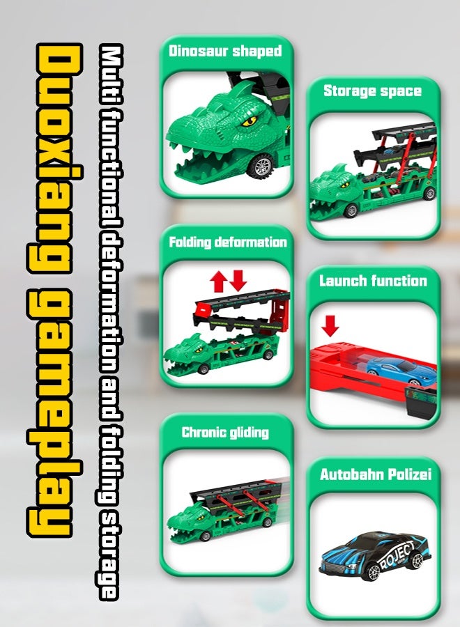 ألعاب شاحنة ديناصور مشوهة 2 في 1، حامل سيارة نقل ديناصور مع انزلاق قابل للطي، ديناصور طفل يلتهم سيارة سكة حديد، لعبة مسار ديناصور المدينة النهائي يتحول إلى ديناصور، مركبة نقل ديناصور مسار، 6 سيارات سبائك، ألعاب، سيارات سباق مصبوبة، هدايا ألعاب للأولاد والبنات من سن ثلاث سنوات فما فوق، أفضل هدية للأطفال خلال شهر رمضان - Image 4