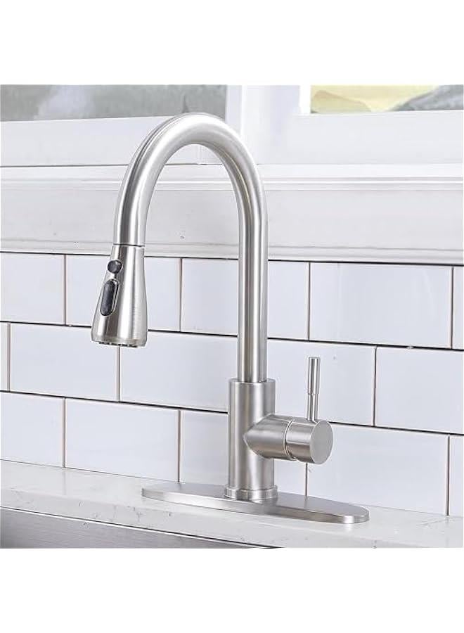 MIXDE Kitchen Faucet with Pull Down Sprayer, Brushed Nickel Faucet for Kitchen Sink, Stainless Steel Single Handle Pull Out Kitchen Sink Faucet (Silver) - Image 1
