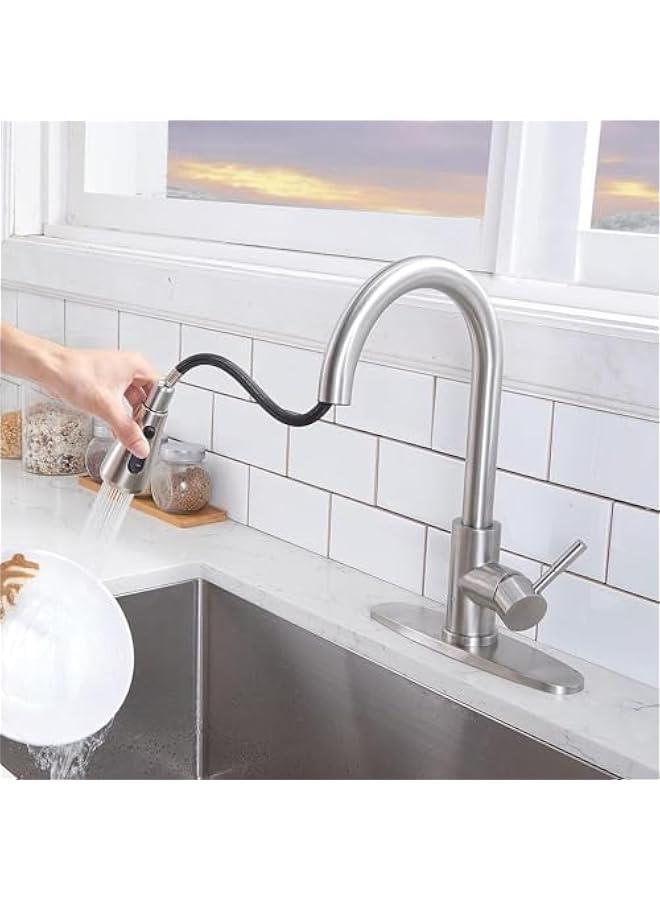 MIXDE Kitchen Faucet with Pull Down Sprayer, Brushed Nickel Faucet for Kitchen Sink, Stainless Steel Single Handle Pull Out Kitchen Sink Faucet (Silver) - Image 2