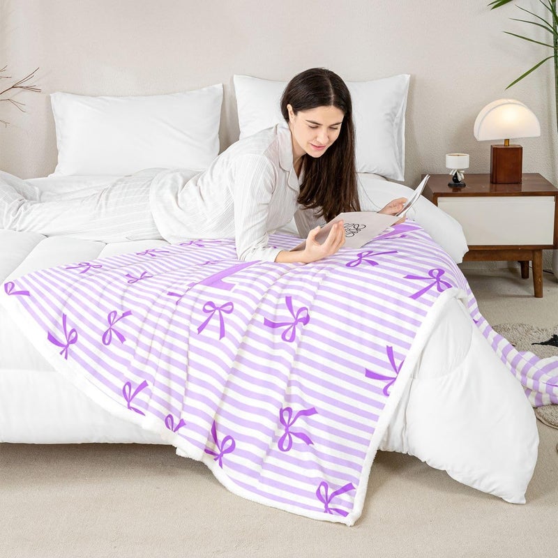 Erosebridal Cute Purple Bow Sherpa Blanket Baby Size Monogrammed Letter T Fuzzy Plush Throw for Kids Girls Teens Women Coquette Bowknot Fleece Blanket Girly Personalized Bows Decor for Bed Couch - Image 2
