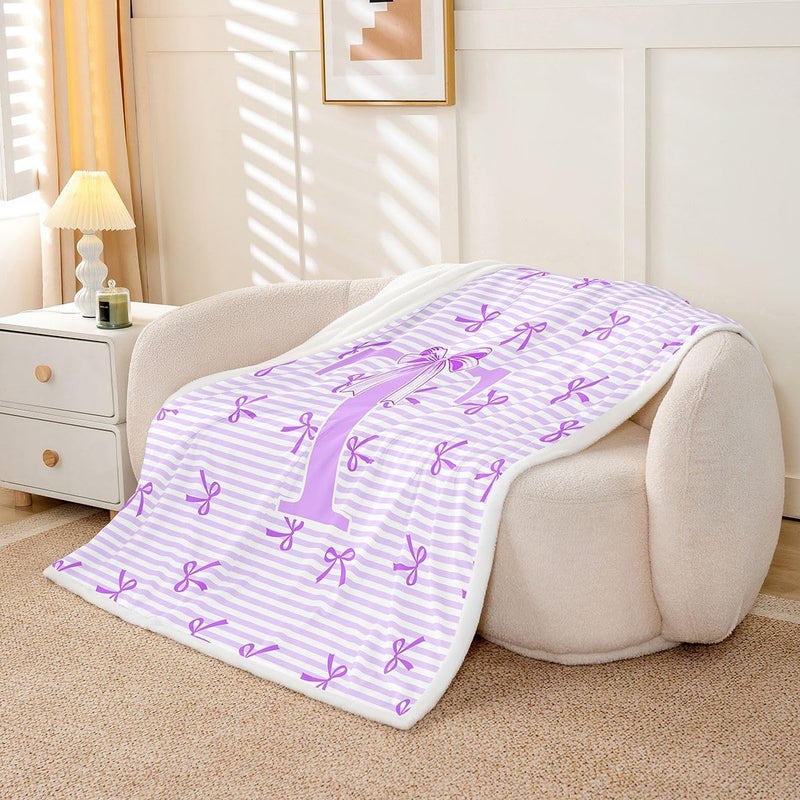 Erosebridal Cute Purple Bow Sherpa Blanket Baby Size Monogrammed Letter T Fuzzy Plush Throw for Kids Girls Teens Women Coquette Bowknot Fleece Blanket Girly Personalized Bows Decor for Bed Couch - Image 1