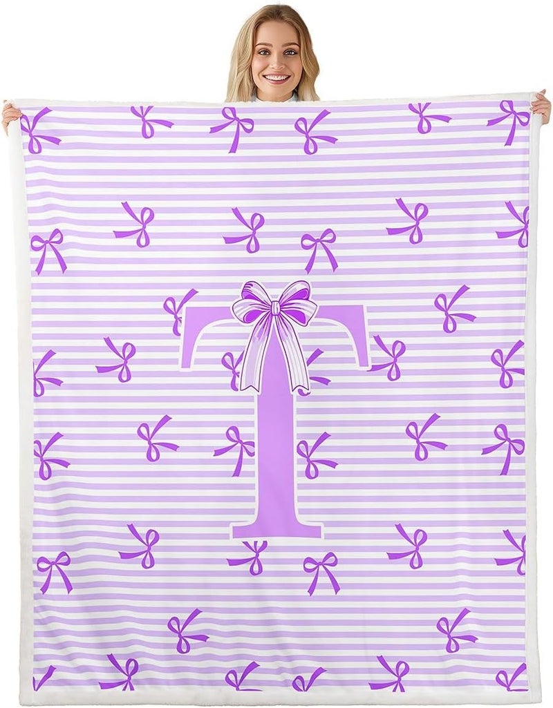 Erosebridal Cute Purple Bow Sherpa Blanket Baby Size Monogrammed Letter T Fuzzy Plush Throw for Kids Girls Teens Women Coquette Bowknot Fleece Blanket Girly Personalized Bows Decor for Bed Couch - Image 3
