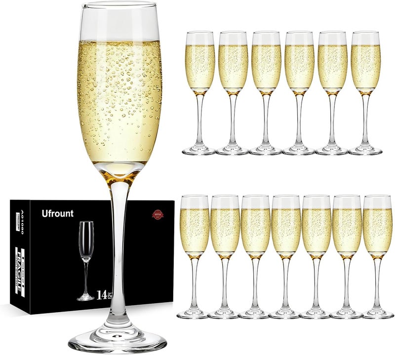 Ufrount 6oz Champagne Flute,Clear Champagne Glasses Set of 14,Elegant Stemmed Champagne Glasses Sparkling Wine Glasses for Birthday,Parties,Wedding - Image 1