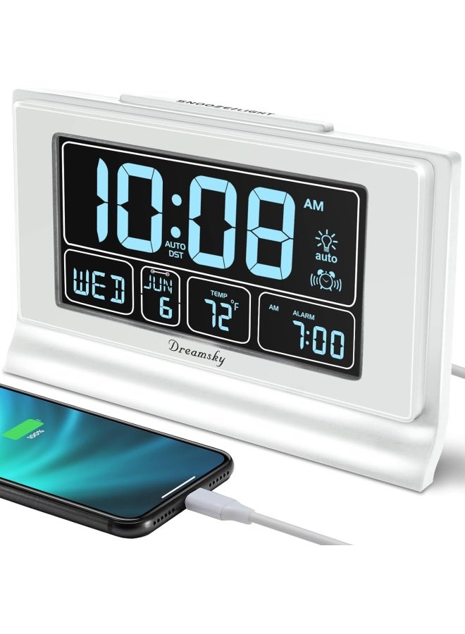 Dreamsky Digital Alarm Clock With Battery Backup For Bedroom, Auto Set Clock With Usb Charging Ports, 5 Inch Large Display With Date Weekday Temperature, Auto Dst, Brightness Dimmer, Snooze, 12/24H - Image 1