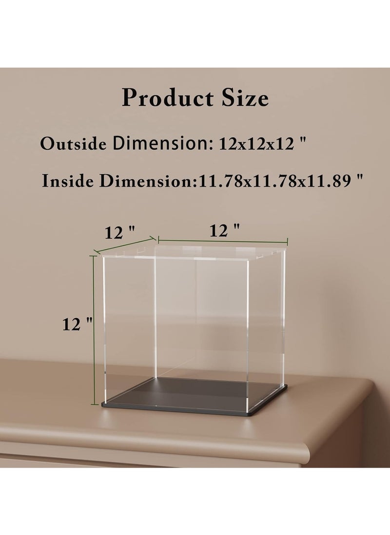 Acrylic Display Case – 12x12x12 Inch Cube with Matte Black Base and Lid for Collectibles and Figures