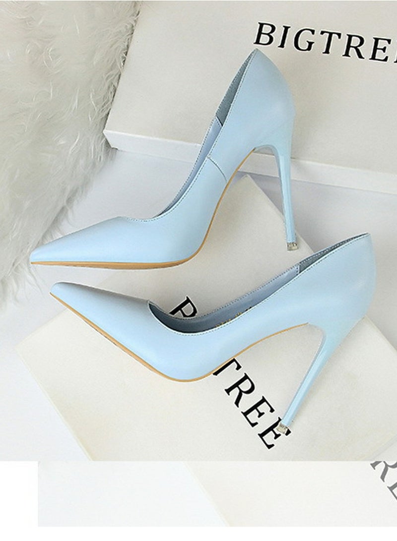 BIGTREE Women's Comfortable Stiletto Pumps 10.5cm Elegant Gorgeous Closed Pointed Toe Slip On Solid High Heels Blue  - Image 2