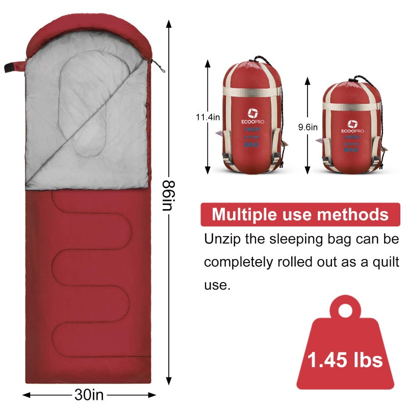 ECOOPRO Warm Weather Sleeping Bag - Portable, Waterproof, Compact Lightweight, Comfort with Compression Sack - Great for Outdoor Camping, Backpacking & Hiking-83 L x 30" W Fits Adults (G-Wine red) - Image 2