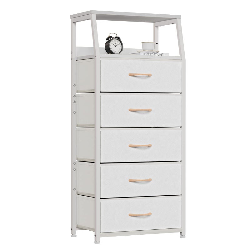 Furnulem White Dresser with 5 Drawers Vertical Storage Tower Fabric Dresser for Bedroom Hallway Entryway Nursery Closet Organizer Nightstand Bedside Table Furniture Sturdy Steel Frame Wood Top
