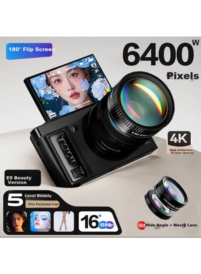 Aigo E9S Flip Screen Selfie Digital Camera For Students, Birthday Gift For Girls, Entry-Level Mirrorless Camera, High-Definition Travel Alternative To Ccd, Black 128Gb Wide-Angle Lens - Image 1