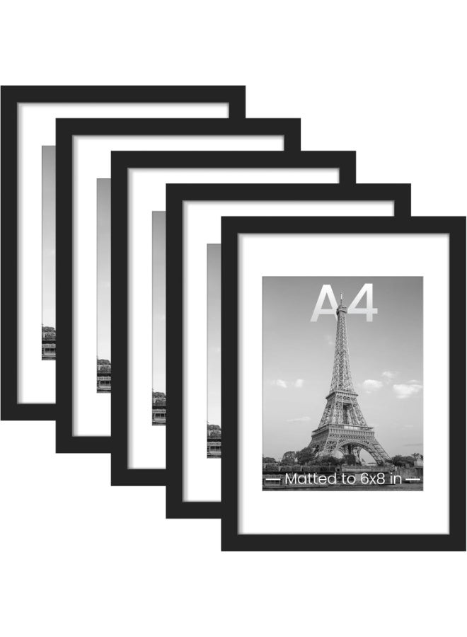 Soofam A4 Picture Frame Set of 5, Display Pictures 6x8 with Mat or 8.3x11.7 Without Mat, Wall Gallery Poster Frames, Black - Image 1