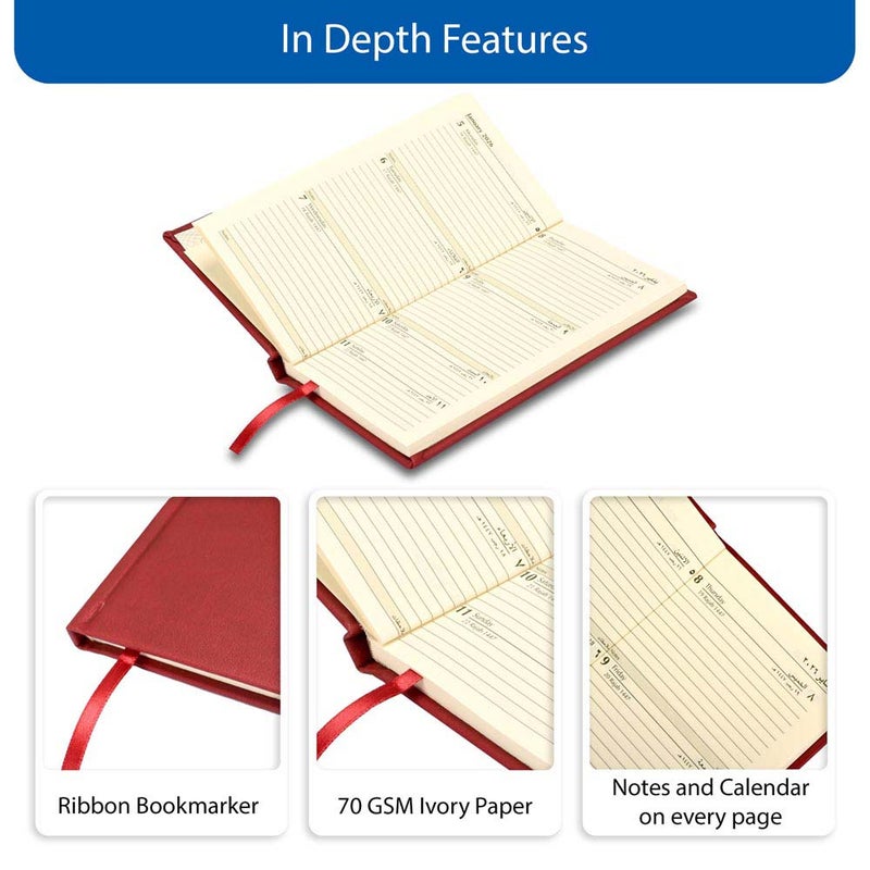 FIS 2026 Slim Diary, 90x170mm, Hard Italian PU Cover, 1 Week at a Glance Format, Portrait View, Arabic/English, 70gsm Italian Ivory Paper, Maroon Cover - FSDI59AEP26MR - Image 5