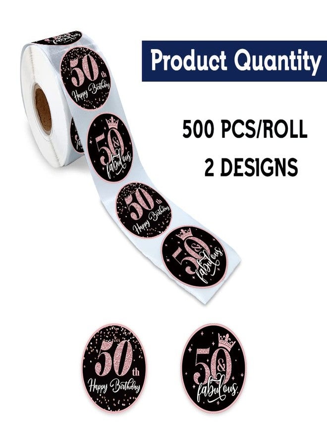 REWIDPARTY Rose Gold 50th Birthday Sticker Rolls (500 PCS) - Happy 50th Birthday & Fabulous Round Stickers for Party Decorations - Image 2