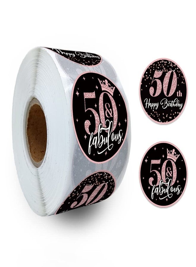 REWIDPARTY Rose Gold 50th Birthday Sticker Rolls (500 PCS) - Happy 50th Birthday & Fabulous Round Stickers for Party Decorations - Image 1