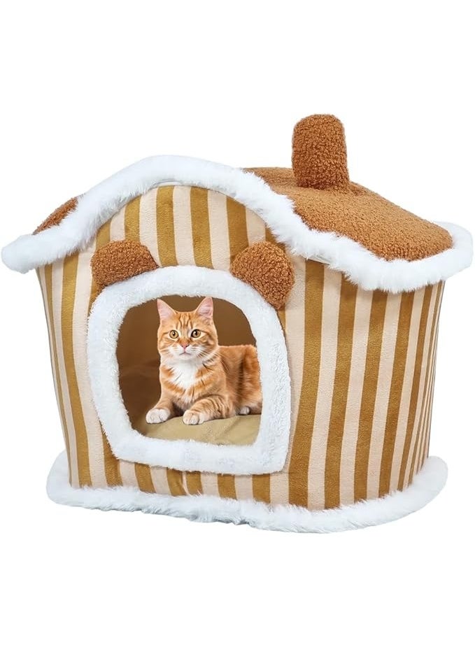 أن ان سي بيتس بيت ملجأ للقطط للحيوانات الأليفة الصغيرة والمتوسطة، مخبأ دافئ ومريح للقطط في الشتاء بتصميم على شكل منزل، وسادة قابلة للإزالة، وقاعدة غير قابلة للانزلاق، قابلة للغسل في الغسالة (بني) - Image 1