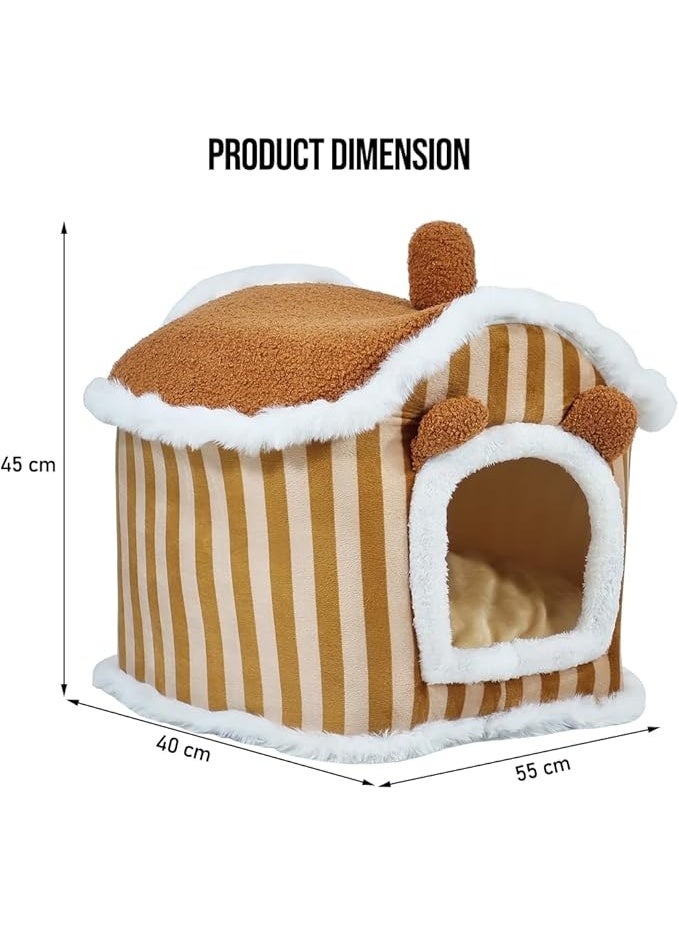 أن ان سي بيتس بيت ملجأ للقطط للحيوانات الأليفة الصغيرة والمتوسطة، مخبأ دافئ ومريح للقطط في الشتاء بتصميم على شكل منزل، وسادة قابلة للإزالة، وقاعدة غير قابلة للانزلاق، قابلة للغسل في الغسالة (بني) - Image 2