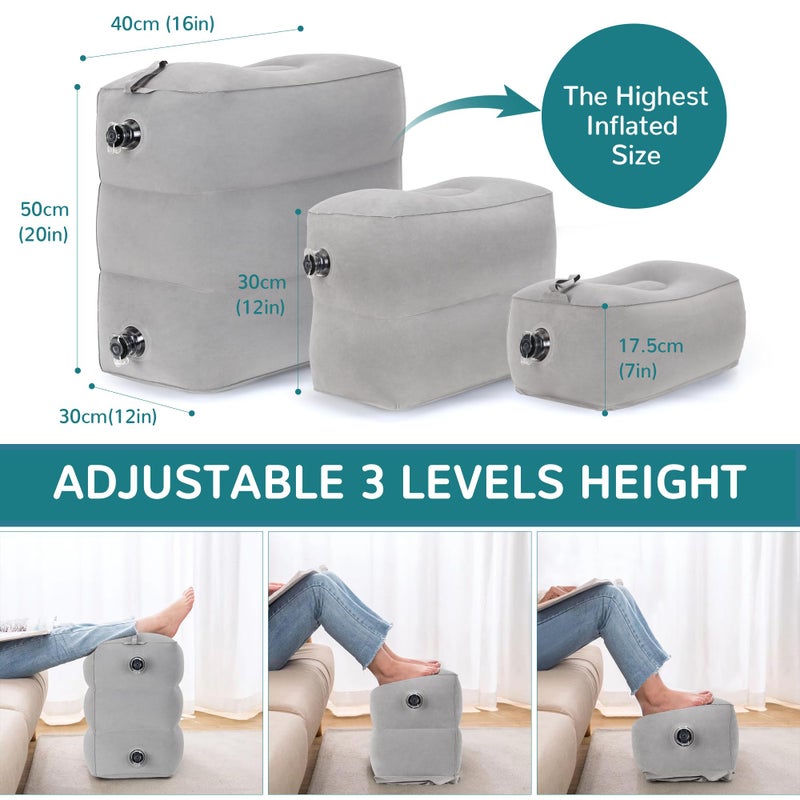 RISEPRO Inflatable Travel Foot Rest Pillow, Adjustable 3 Layers Height Leg Rest Pillow, Kids Airplane Bed, Adults Travel Essentials on Plane, Trains, Cars, Office, Home (Grey, 1 PC) - Image 2