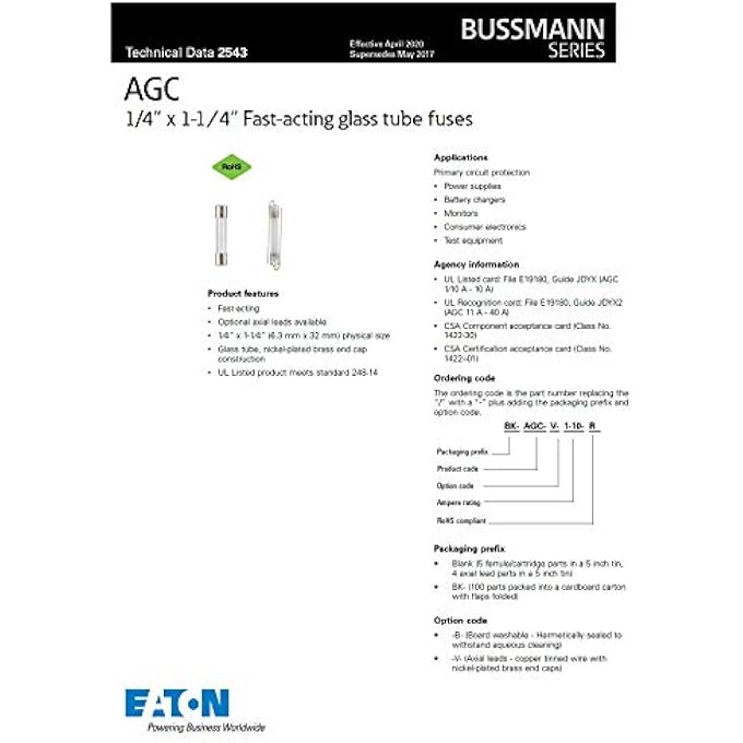 Bussmann Busuj Agc34 Agc Series Fuse Fast Acting 34 Amp 250V Glass Tube 14 X 114 Pack Of 5 - Image 5