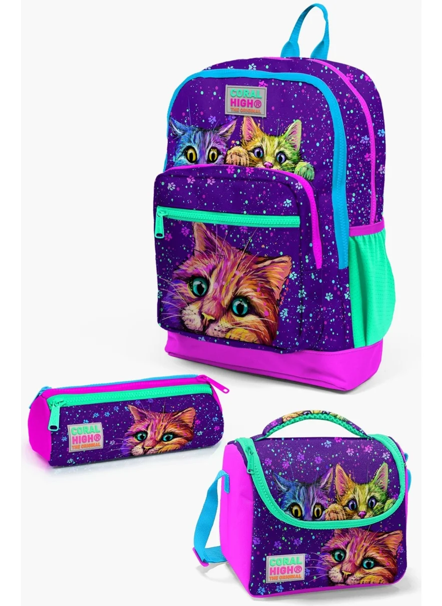 CORAL HIGH Kids Purple Pink Cat Patterned 3-Piece School Bag Set SET0123732