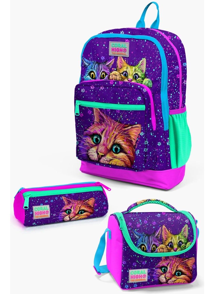 CORAL HIGH Kids Purple Pink Cat Patterned 3-Piece School Bag Set SET0123732  - Image 1