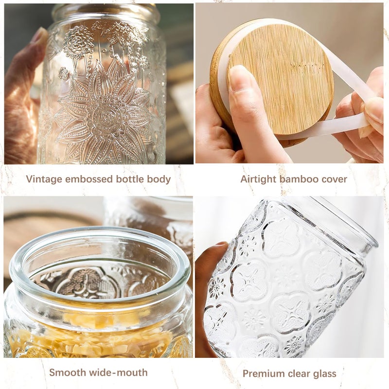 Custde 23.7 fl oz Airtight Glass Storage Jar with Bamboo Lid - Vintage Glass Jar Vintage Food Containers Canisters Set for Kitchen Counter, Ideal for Candy, Sugar, Coffee, Tea,Cute jar(Sunflower*1) - Image 5