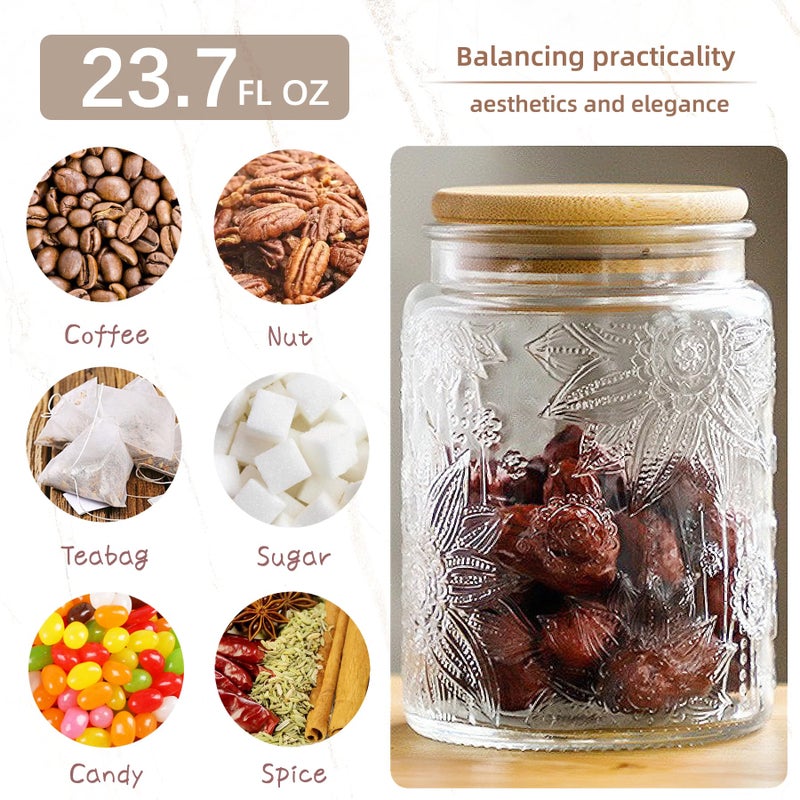 Custde 23.7 fl oz Airtight Glass Storage Jar with Bamboo Lid - Vintage Glass Jar Vintage Food Containers Canisters Set for Kitchen Counter, Ideal for Candy, Sugar, Coffee, Tea,Cute jar(Sunflower*1) - Image 4